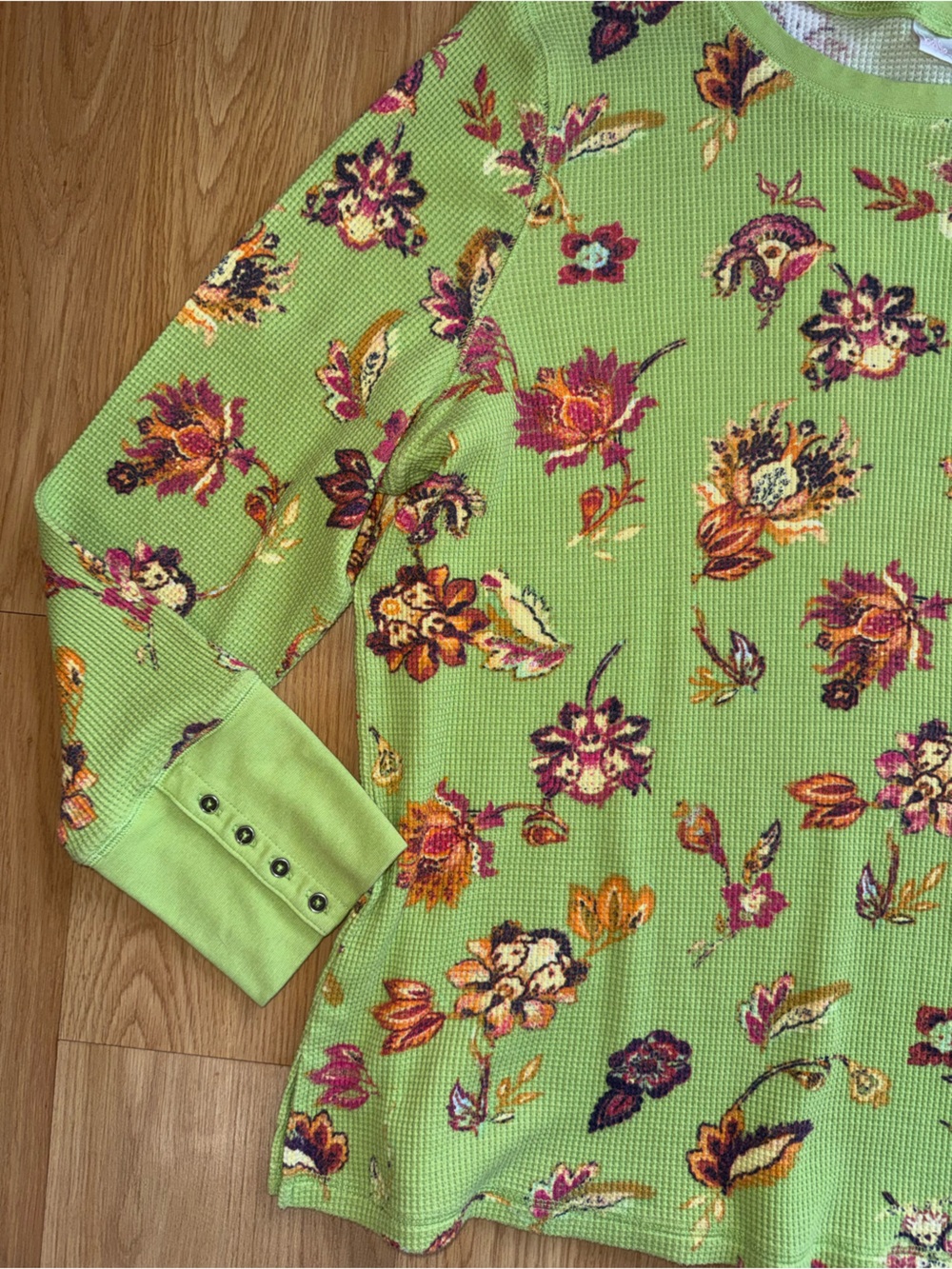 Belle Kim Gravel size 2X Green Floral Long Sleeve Waffle Knit Top shirt - Picture 8 of 12